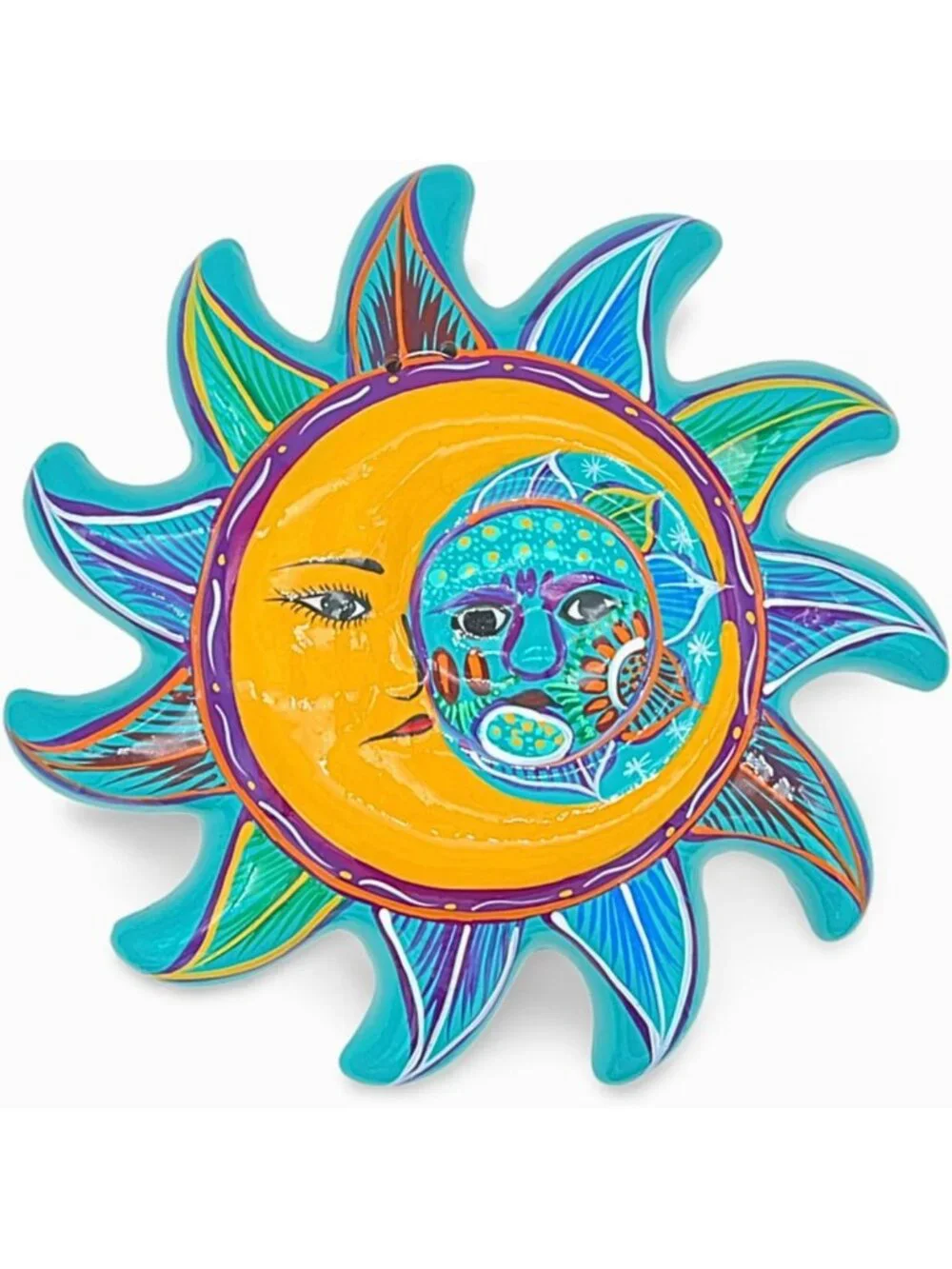Hand-Painted Ceramic Sun & Moon Face Decor - Mexican Eclipse Wall Art - Unique